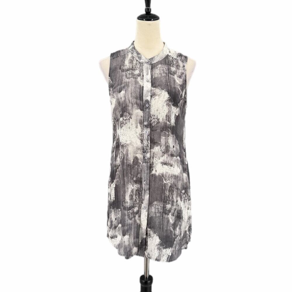 Eileen Fisher Gray White Ink Blot Streaks 100% Silk Professional Chic Tunic Top